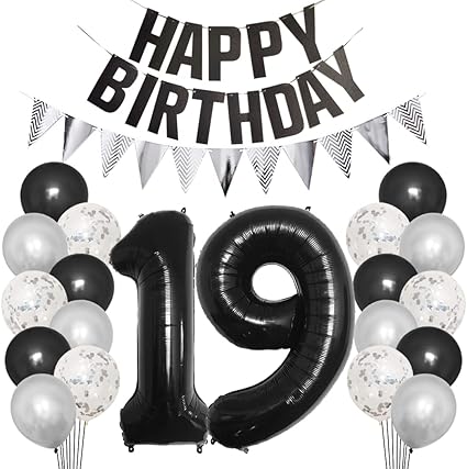 19th Birthday Party Decorations Set for Girl Boy Women Men Black HAPPY BIRTHDAY Letter Banner Silver Sparkly Glitter Traingle Banner Confetti Latex Balloons with Black Giant Number 19 Balloon