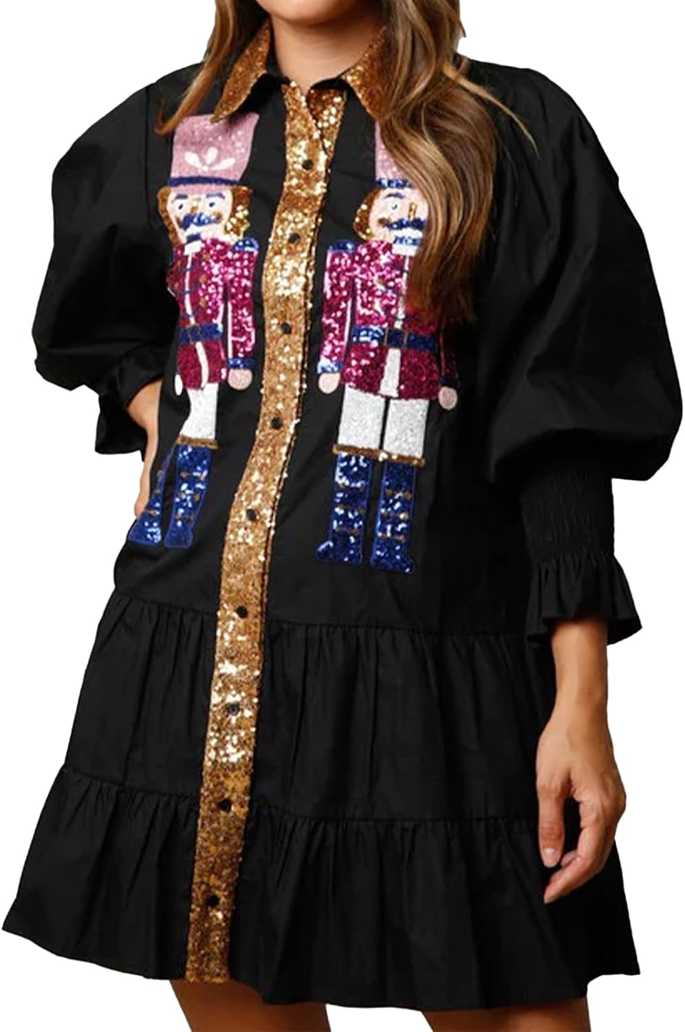 ABYOVRT Christmas Nutcracker Dress for Women Sequin Sweatshirt Dress Long Puff Sleeve Button Down Mini Shirt Dresses Costume