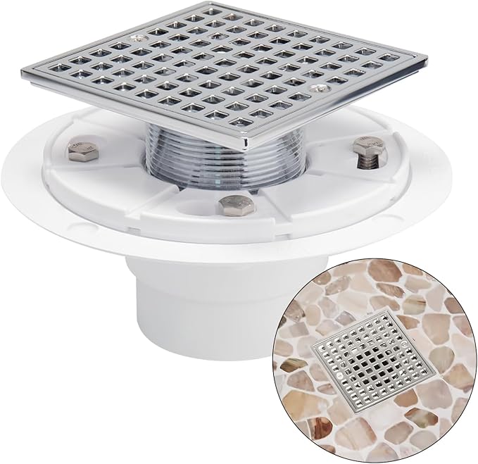 Chrome 4 Inch Square Shower Drain with PVC Flange for 2 or 3 Inch Pipe - Low Profile 304 SS Shower Floor Drain Kit with Hair CarcherCUPC - Strainer for Bathroom,Laundry Room