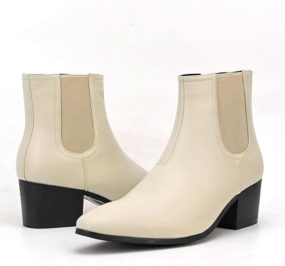 Size 45-Eu QEOSNBX Men'S Classic Leather Chunky Heel Chelsea Boots With Side Zipper Fashion Pointed Toe Elastic Band High Top Block High Heel Formal Chukka Booties For Casual Business Party Wedding