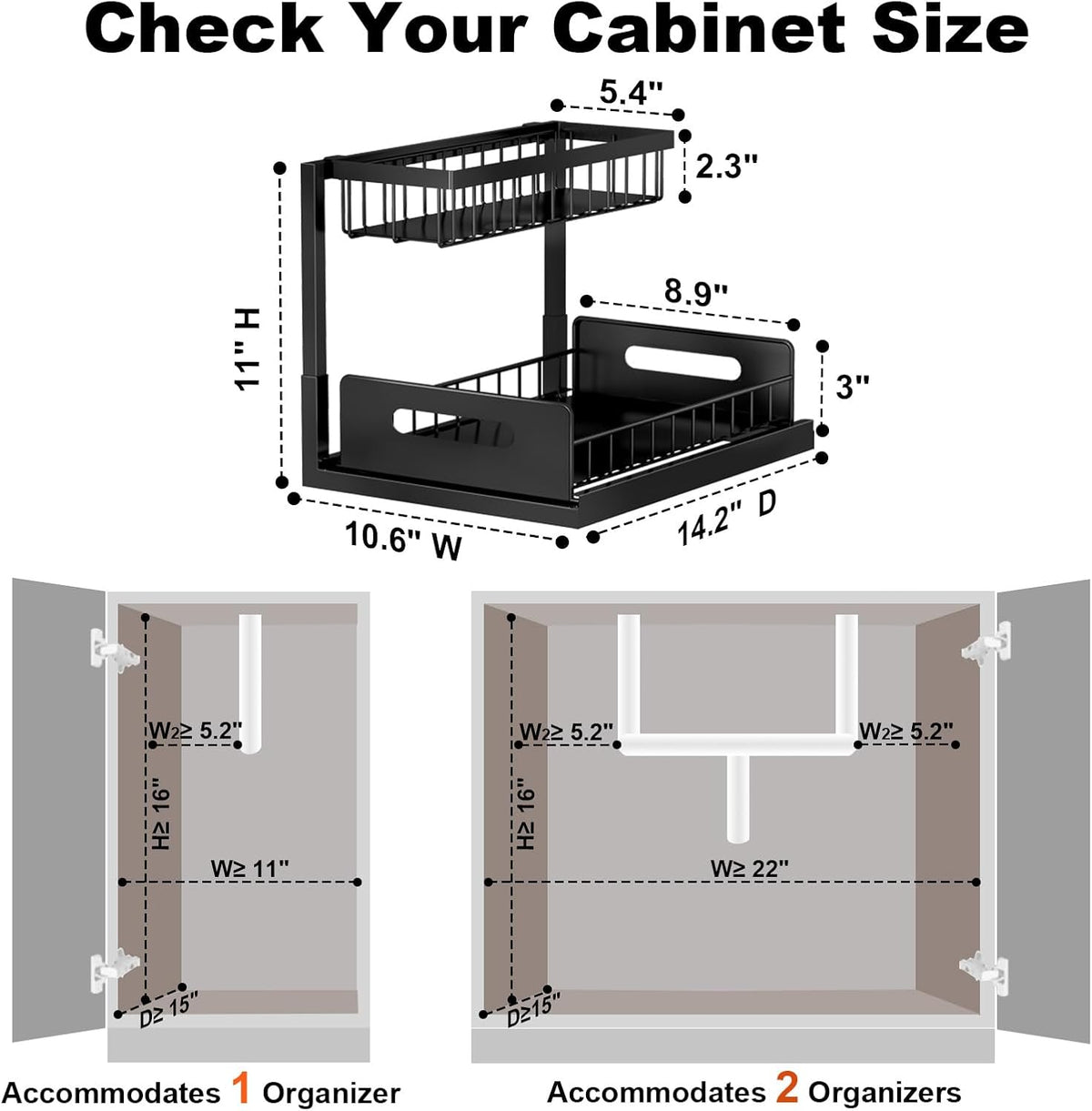 REALINN Under Sink Organizer, Pull Out Cabinet Storage 2 Tier Slide Out Sink Shelf, Kitchen Organizers and Storage, Black, 1 Pack