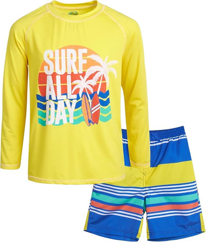 Boys Rash Guard Swimsuit Set - Kids Short Sleeve Bathing Suit Swimwear Sets (Sizes: 5-12)
