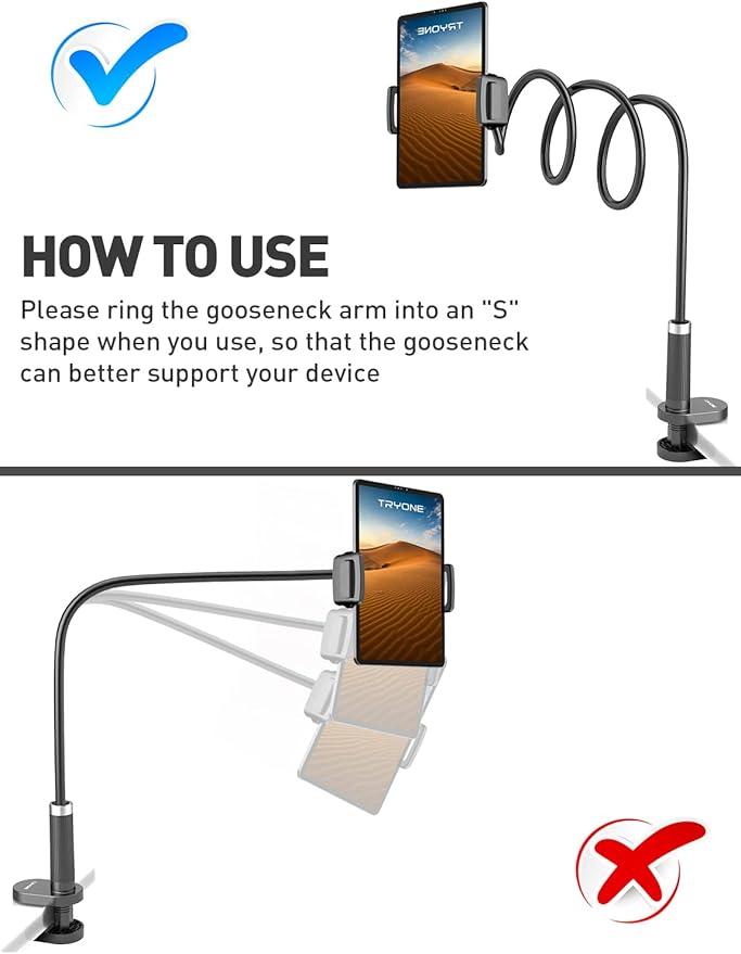 Gooseneck Tablet Holder Stand for Bed: Adjustable 39.4inch Flexible Lazy Arm Tablets Mount Compatible with iPad Pro Air Mini Galaxy Tab Kindle Fire Switch or Other 4.7-12.9" Device