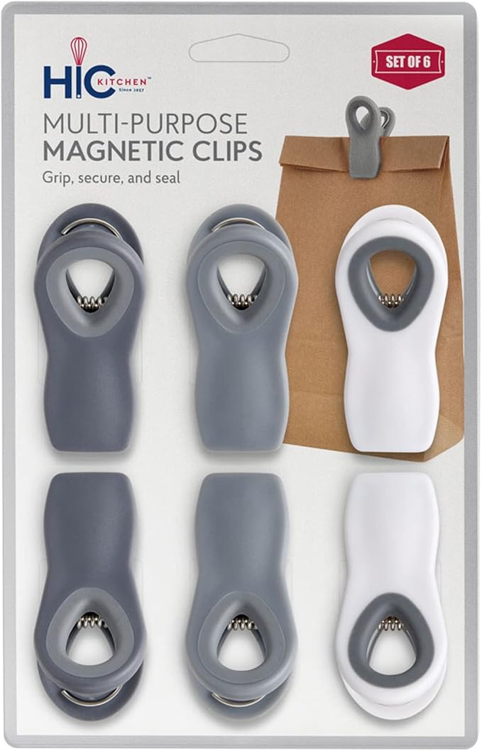 HIC Kitchen Multi-Purpose Magnetic Clips, Soft-Grip Handles, Set of 6 Clips, 2 Each White, Grey, and Charcoal