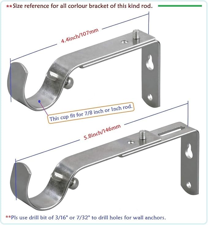Adjustable Curtain Rod Bracket Or Rod Holder - for 7/8 or 1 Inch Rods-(Black,Set of 4)
