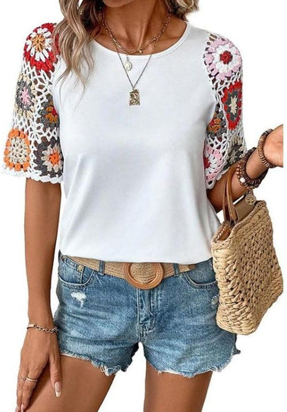 Melliflo Womens Shirts Floral Crochet Short Sleeve Crewneck Shirt Casual Pullover Blouse Summer Tops