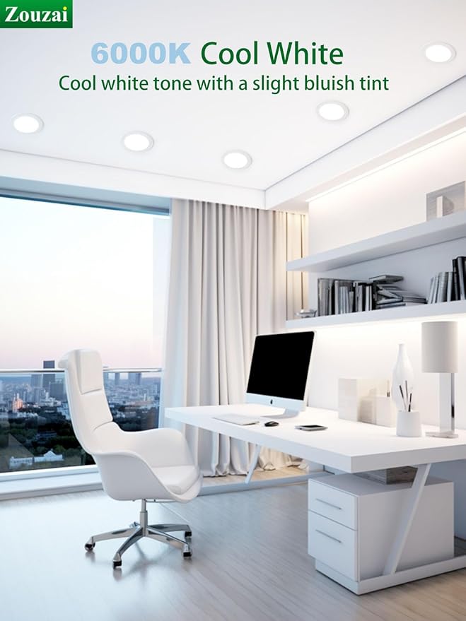 zouzai 24 Pack 6 Inch Ultra-Thin LED Recessed Ceiling Light with Junction Box, 6000K Clear White, 12W 110W Eqv, Dimmable Downlight, 1080LM High Brightness - ETL Certified