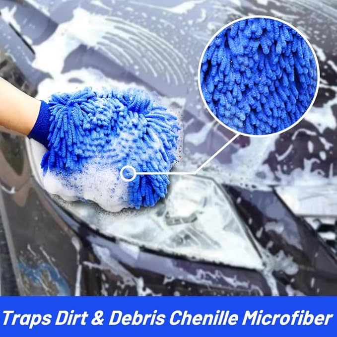 Microfiber Car Wash Mitt, Scratch-Free Chenille Cleaning Glove, Dual-Use Waterproof Design, Blue