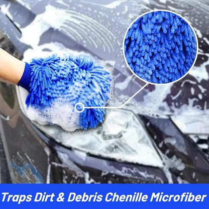 Microfiber Car Wash Mitt, Scratch-Free Chenille Cleaning Glove, Dual-Use Waterproof Design, Blue