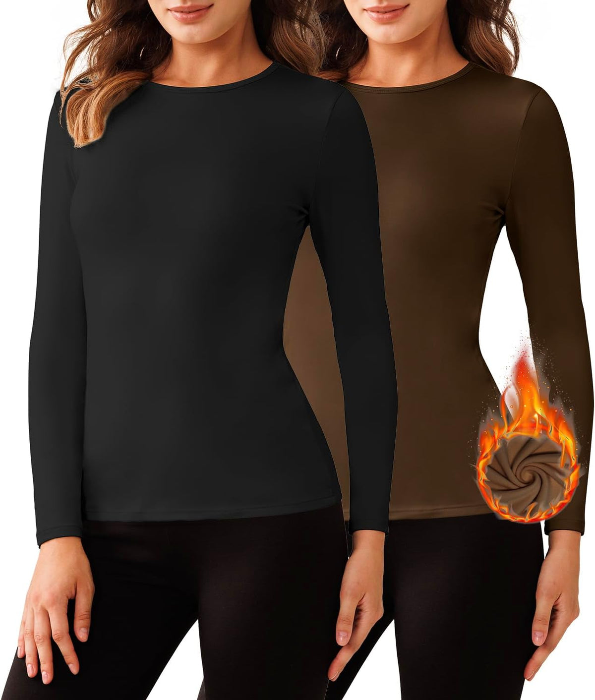 Bonneuitbebe Women's 2 Pack Long Sleeve Thermal Shirts Soft Crewneck Undershirt Tops Lightweight Base Layer Cold Weather
