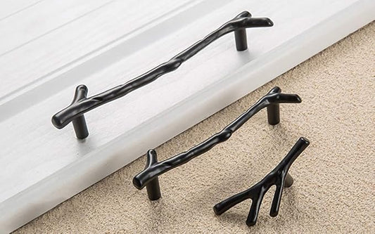 4Pcs Large Vintage Tree Twig Branch Cabinet Knobs Pulls Handles,Zinc Alloy Drawer Pull Handle for Farmhouse Cabin Mountain House Kitchen Cupboard Wardrobe (4 Pack, Hole Distance 5", Black)