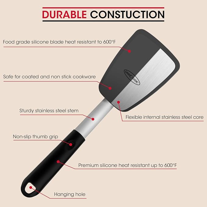 Unicook Upgraded Silicone Spatula, Flexible Egg Turner, 600F Heat Resistant Silicone Handle, Kitchen Cooking Utensils, Ideal for Flipping Eggs, Pancake, Burgers, Crepes and More, Small and Medium