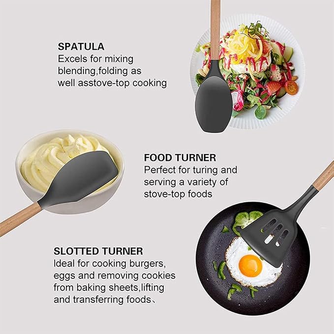 Utoolmart Silicone Slotted Spatula, Silicone Spatula Cooking Utensils for Non-Stick Pans, High Heat-Resistant Wok Spatula with Wooden Handle, for Cooking, Baking, Stir-Fry, Black, 1 Pcs