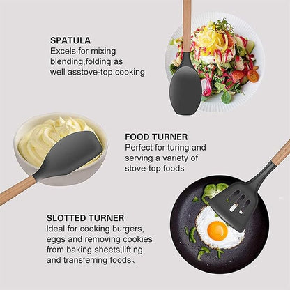 Utoolmart Silicone Slotted Spatula, Silicone Spatula Cooking Utensils for Non-Stick Pans, High Heat-Resistant Wok Spatula with Wooden Handle, for Cooking, Baking, Stir-Fry, Black, 1 Pcs