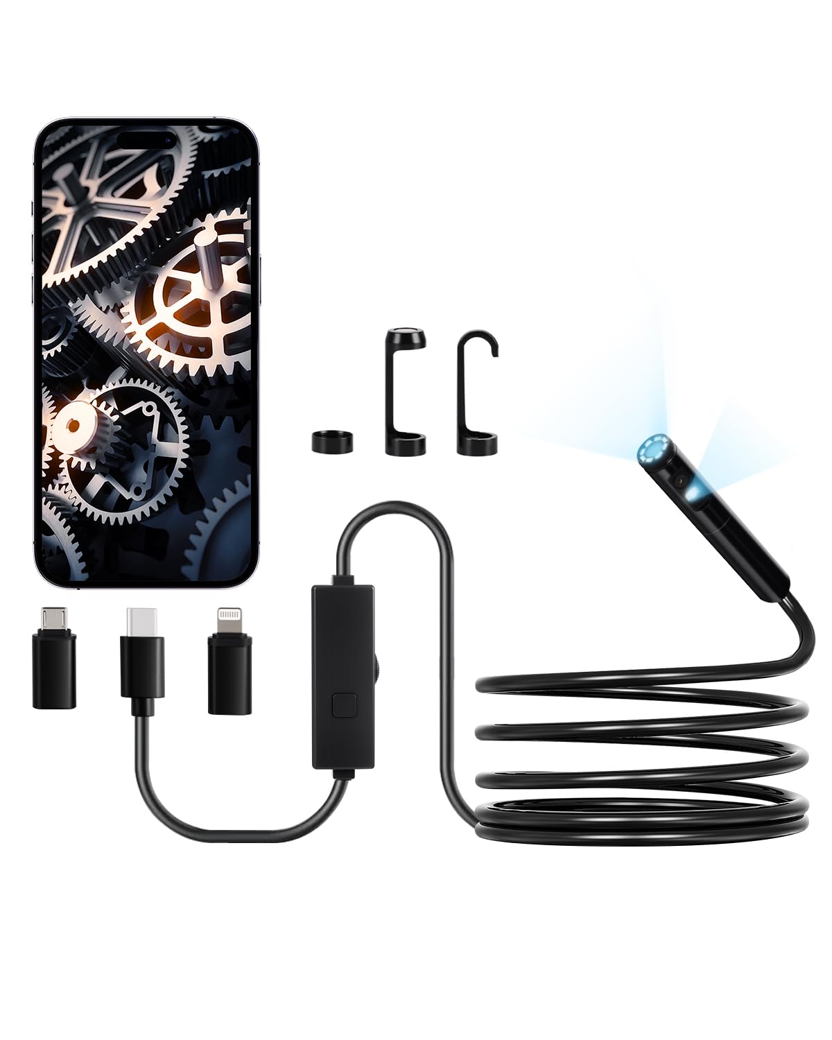 VEVOR Endoscope Camera with Light, Dual Lens Borescope for Android & iOS, 1920P HD Inspection Camera, 8 + 1 LED Lights, 2X Zoom, 10FT Snake Cable, IP67 Waterproof
