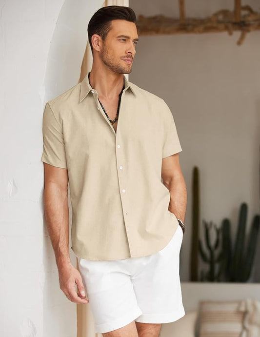 COOFANDY Men's Linen Casual Short Sleeve Shirt Button Down Summer Beach Wedding Shirts