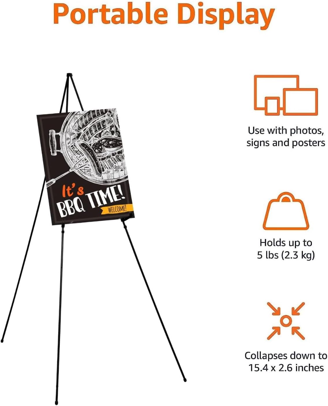 Basics Easel Display Stand, Instant Floor Poster, Lightweight, Collapsible and Portable with Tripod Base, Black Steel (supports 5 pounds)