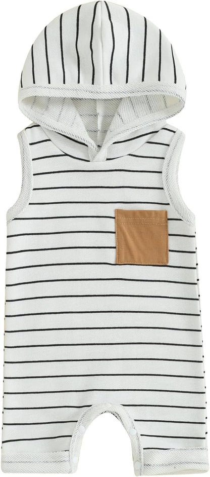 Infant Toddler Baby Boy Girl Sleeveless Hooded Romper One Piece Striped Jumpsuit Coverall Newborn Summer Clothes