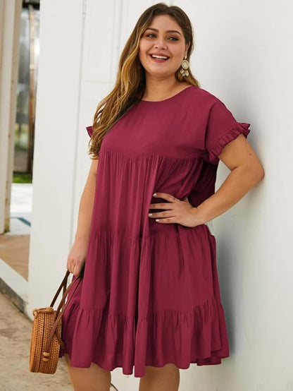YOXUA Womens Plus Size Dress - Ruffle Short Sleeve Crewneck Color Block Loose Summer Beach Swing Dresses XL-4XL