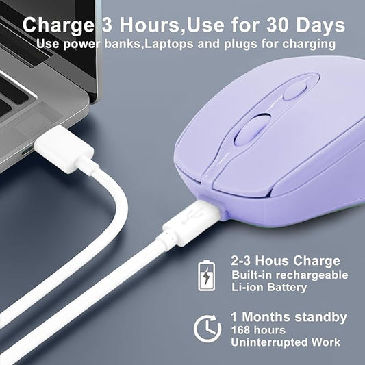 Bluetooth Mouse,Rechargeable Wireless Mouse for LaptopiPadMacBook ProAir, Silent Mouse Portable Slim for Surface ProPCLenovoSamsung Tablet (Purple)