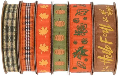 Fall Ribbon Pumpkin Maples Pattern Thanksgiving Theme Craft Rustic Autumn Harvest Ribbons for Wrapping Gifts Making Wreath