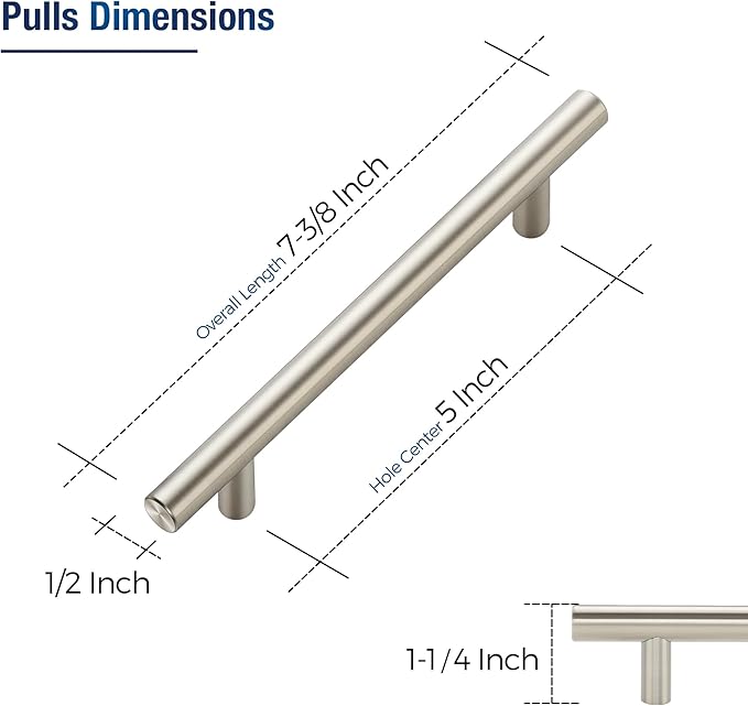 JOY DECOR 3 Pack Cabinet Handles, Brushed Nickel Cabinet Pulls, 5 in Hole Center Kitchen Cabinet Handles, Stainless Steel T Bar Handles for Dresser Drawers