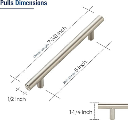 JOY DECOR 3 Pack Cabinet Handles, Brushed Nickel Cabinet Pulls, 5 in Hole Center Kitchen Cabinet Handles, Stainless Steel T Bar Handles for Dresser Drawers