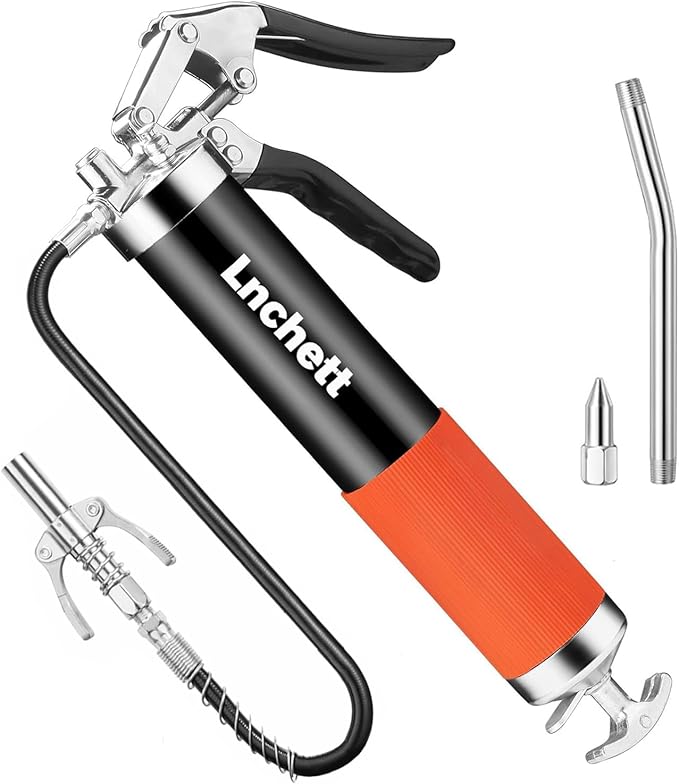 Grease Gun with Quick Release Coupler, 9000 PSI Professional Heavy Duty 14 oz Pistol Grip Grease Gun with 18 Inch Spring Flex Hose, 1 Extension Rigid Pipe and1 Sharp Nozzle Included