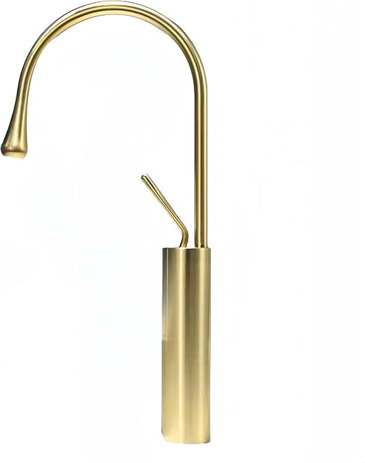 Vessel Sinks Copper Faucets, with High Arch Long Spout Goose Neck, Champagne Bronze Brushed Gold Art Deco Narrow Tall Skinny, Bathroom Wet Bar Bowl, 1 Hole Brass Finish Single Hot and Cold