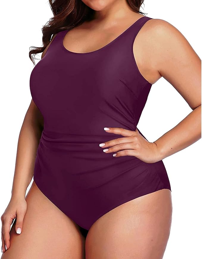 Daci Women Deep Purple Plus Size One Piece Swimsuit Athletic Tummy Control Ruched Bathing Suit with U-Back 22 Plus