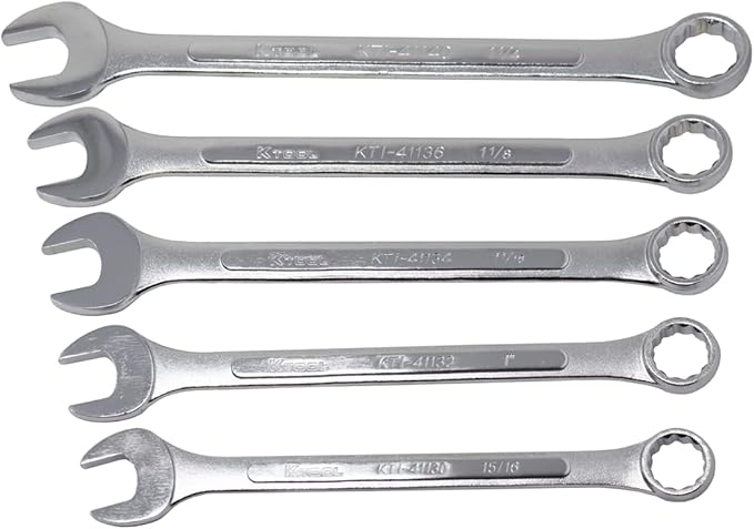 K Tool International 41016 SAE Combination Chrome Wrench Set for Garages, Repair Shops and DIY, 14" to 1-14", Chrome plated, Heat Treated, Drop Forged Steel, Raised Panel, Roll-up Pouch, 16-Piece