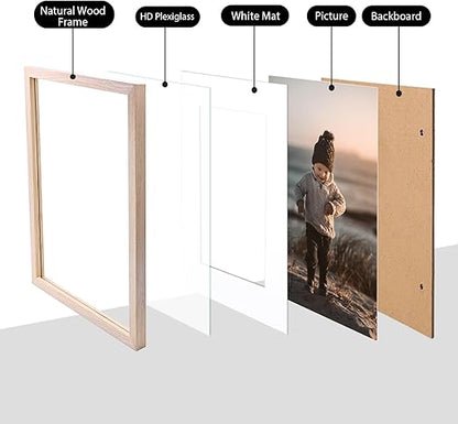 KINLINK A4 Picture frame Natural, Wood frame with Acrylic Plexiglass for Pictures A5 with Mat or A4 without Mat, Tabletop and Wall Mounting Display, 1 Pack