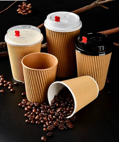DKZ Kraft Paper Corrugated Paper Cups, Biodegradable Beverage Paper Cups, Disposable Take-Out Kraft Paper Cups, Take-Out Paper Cup Lids (100 8oz White Paper Cup lids)