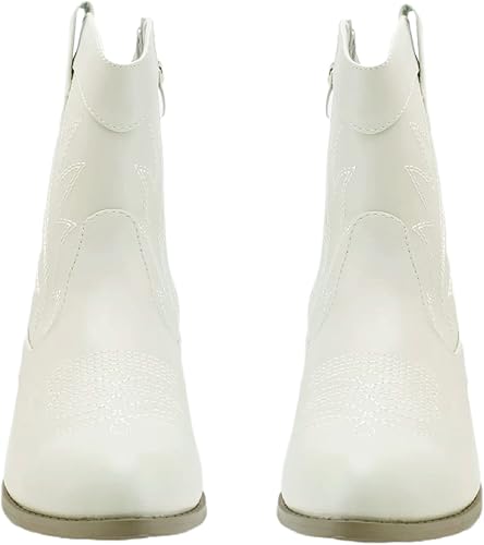 PEPPEP Western Cowgirl Cowboy Ankle Boots for Women or Ladies, Mid Calf, Vegan Leather Embroidered Upper, Low Heel, Fashionable Pointed-toe, Well Made