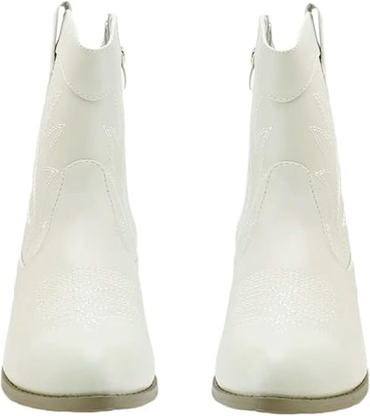 PEPPEP Western Cowgirl Cowboy Ankle Boots for Women or Ladies, Mid Calf, Vegan Leather Embroidered Upper, Low Heel, Fashionable Pointed-toe, Well Made