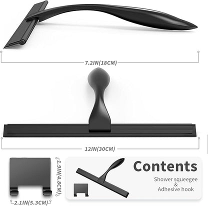 12-inch Stainless Steel Shower Squeegee for Glass Doors, Black Squeegee for Shower Glass with Hook, Water Wiper, Bathroom Squeegee, Water Wiper for Tile Wall Car Mirror Door