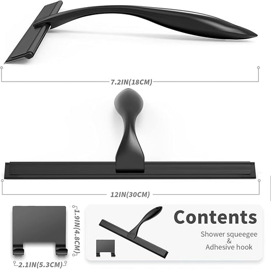 12-inch Stainless Steel Shower Squeegee for Glass Doors, Black Squeegee for Shower Glass with Hook, Water Wiper, Bathroom Squeegee, Water Wiper for Tile Wall Car Mirror Door