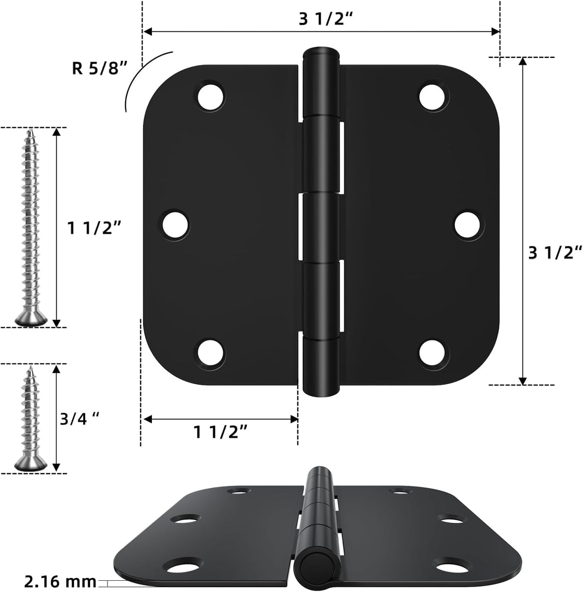 HOSOM 12 Pack Rounded Matte Black Door Hinges 3.5 x 3.5 inch with 5/8 Radius, Black 3 1/2 Interior Door Hinges, 3 ½"x 3 ½" Hardware