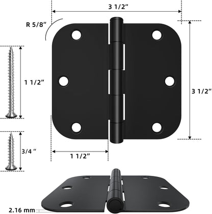 HOSOM 12 Pack Rounded Matte Black Door Hinges 3.5 x 3.5 inch with 5/8 Radius, Black 3 1/2 Interior Door Hinges, 3 ½"x 3 ½" Hardware