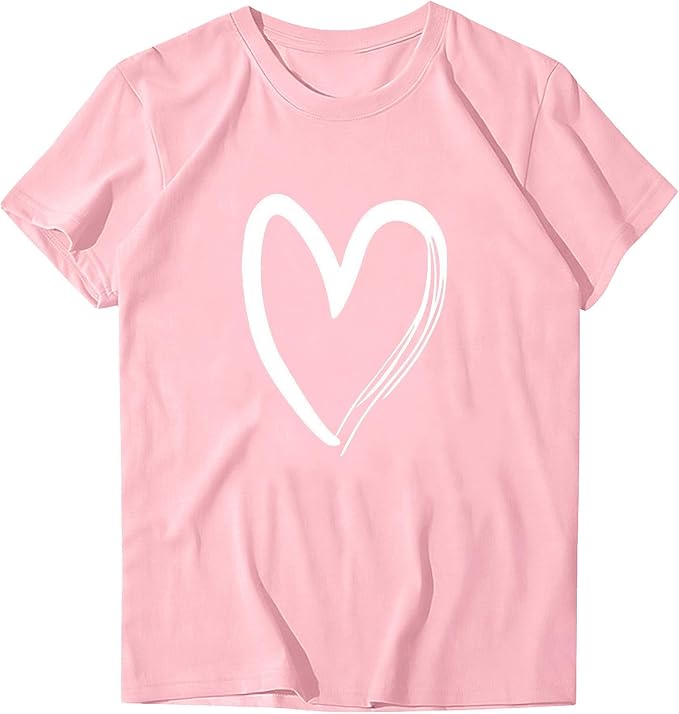 Valentines T Shirts for Women Cute Heart Print Graphic Tees Casual Short Sleeve Top Summer Fashion Round Neck Blouse