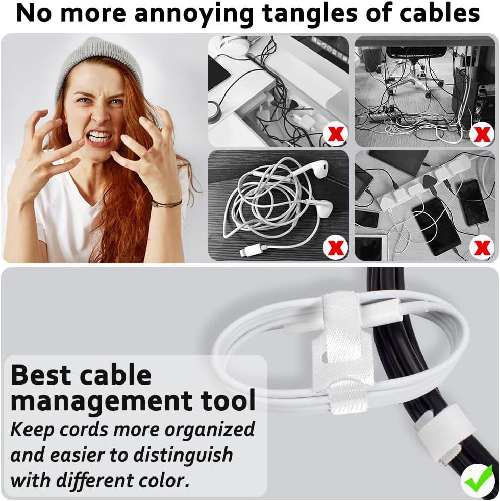 M METERXITY 60-Pack Reusable Cable Ties, 8 in Fastening Adjustable Hook and Loop Tie Wrap Cable Straps Wire Ties Multi-Purpose Cable Ties for Office/Home/Data Centers [White] (Not Original Packaging)