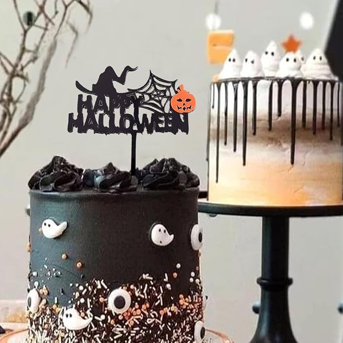 Halloween Cake Toppers Happy Halloween Cupcake Topper Acrylic Trick Or Treat Pumpkin Spider Bat Cake Decoration Party Supplies 6 PCS