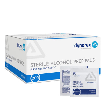 Dynarex DynaSafety Sterile Alcohol Prep Pads - Medium - 70% Isopropyl Alcohol, Individually Wrapped, Soft Cleaning Wipes - 170 per Box