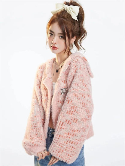 Women Knitted Cardigan Loose Lazy Wind Sailor Collar Sweaters Textured Patchwork Tops