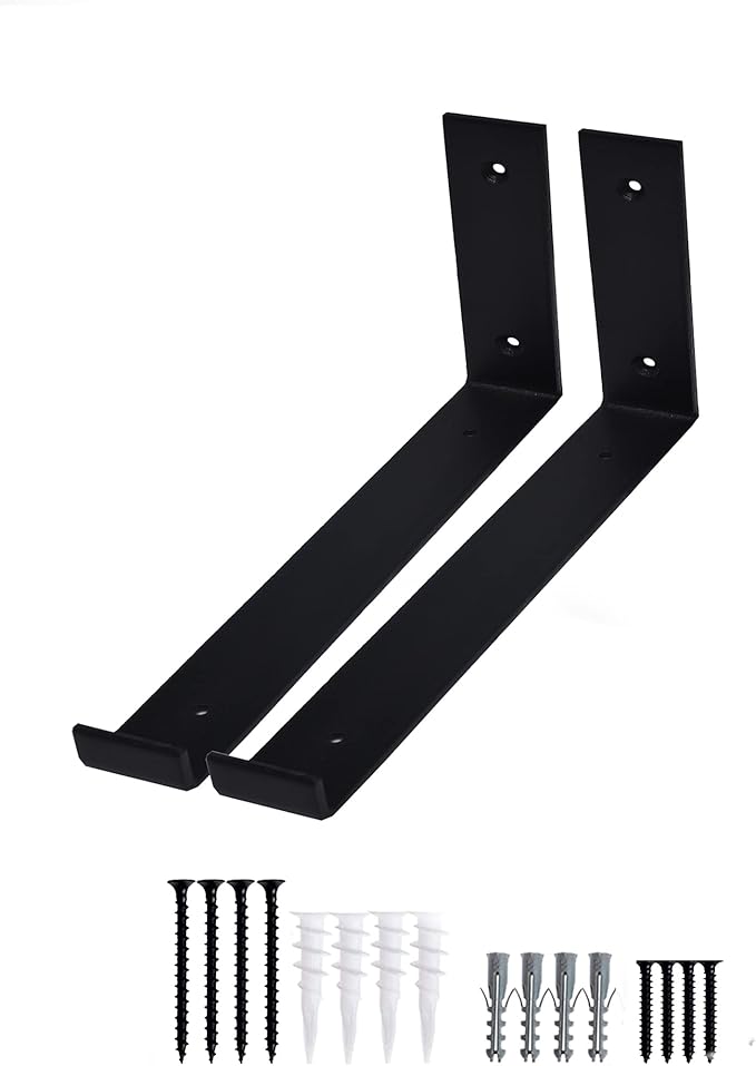 Shelf Brackets 2 Pack Heavy Duty Floating 11.25" L x 6.0" H x 1.5" W Black Metal Shelves Wall Mounted Rustic Iron J Shelf Brackets with Lip for DIY Open Shelving Brackets