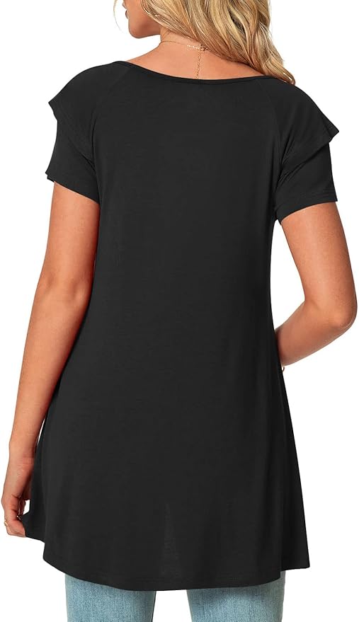 POPYOUNG Women's Summer Ruffle Short Sleeve T-Shirt Casual Crewneck Tunic Tops for Leggings Loose Blouse
