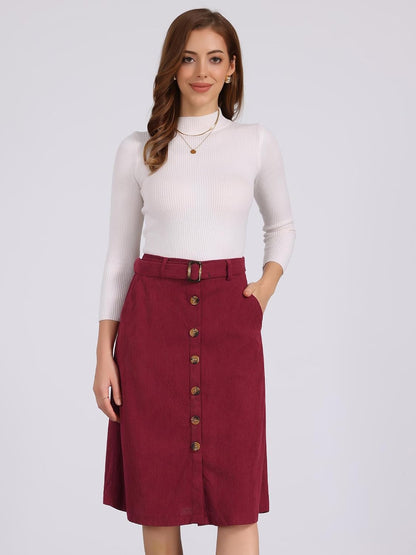 Allegra K Women's Button Front High Waist A-Line Belted Corduroy Midi Skirt | Corduroy Fabric, Tie Waist, A-Line, High Waist, Elastic Waist, Slant Pockets, Belt Loops, Midi Length