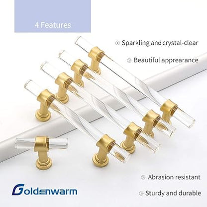 goldenwarm 5 Pack Gold Kitchen Cabinet Hardware Acrylic Drawer Pulls - LS9165GD90 Modern Cabinet Handles Lucite Drawer Pulls Dresser Handle Bar Pull Drawer Handles