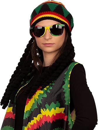 Unisex Rasta Wig Braids Hat Knitted Jamaican Rasta Beanie Cap with Dreadlocks Halloween Costume for Men Women