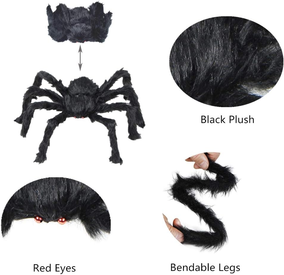 BEIGUO 5pcs Halloween Spider Set: Giant Hairy Spider with Red Eyes, Bendable Legs - Scary Decorations for Patio, Yard, Garden, House (30", 20", 12")